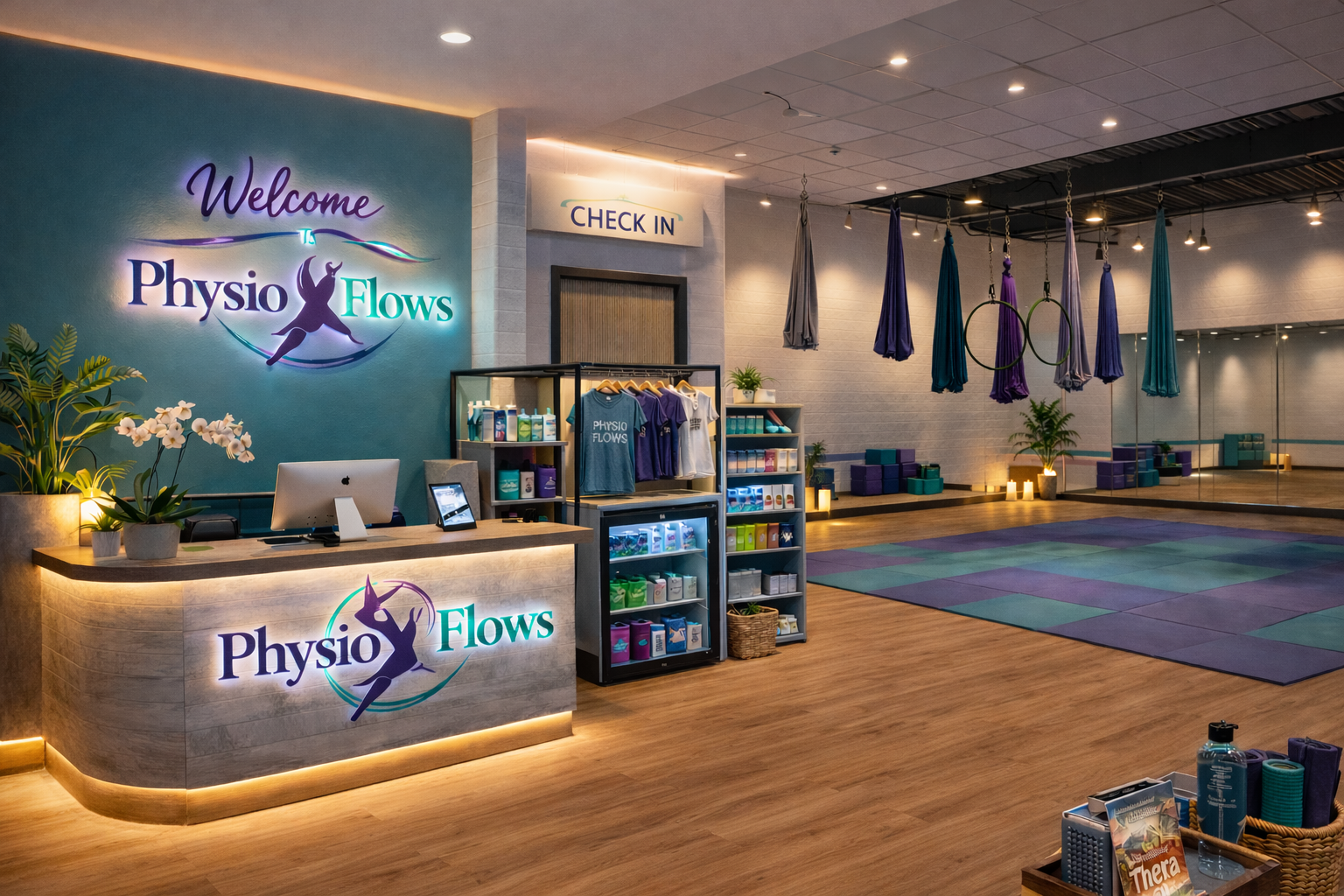 Physio Flows studio interior — reception, aerial silks, and lyra hoop