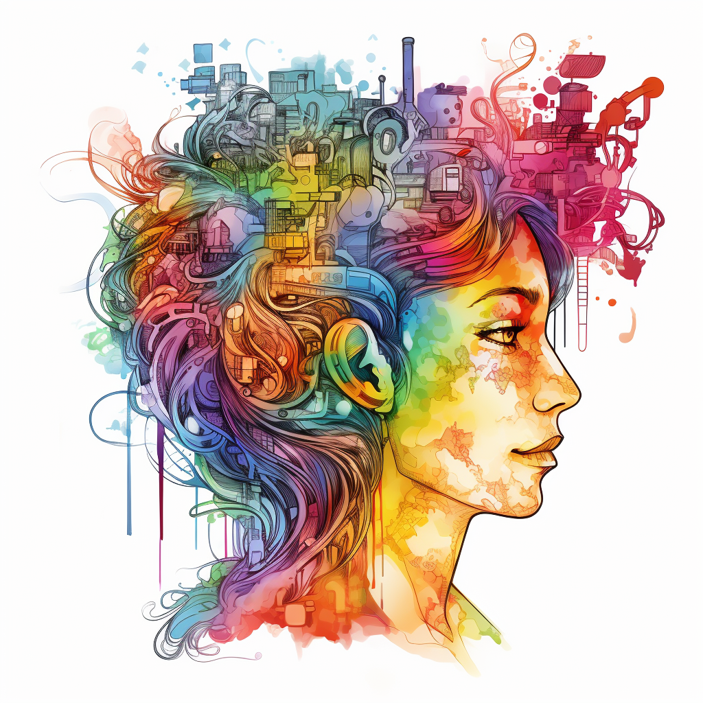 Abstract watercolor artwork with flowing multi-colored shapes representing inclusivity, neurodiversity, creativity, and LGBTQ+ affirmation.